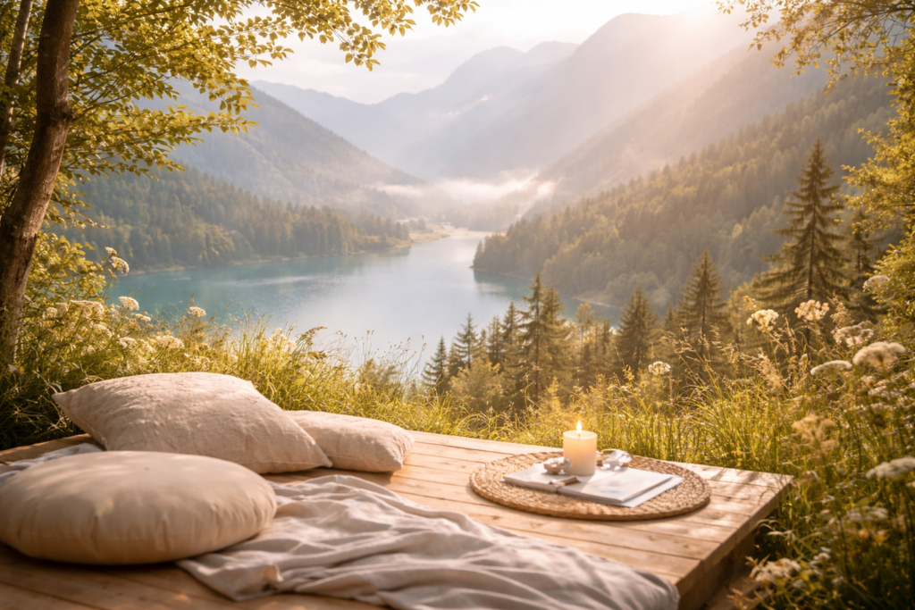 Meditationsplatz in der Natur mit Blick auf See und Berge in warmem Licht