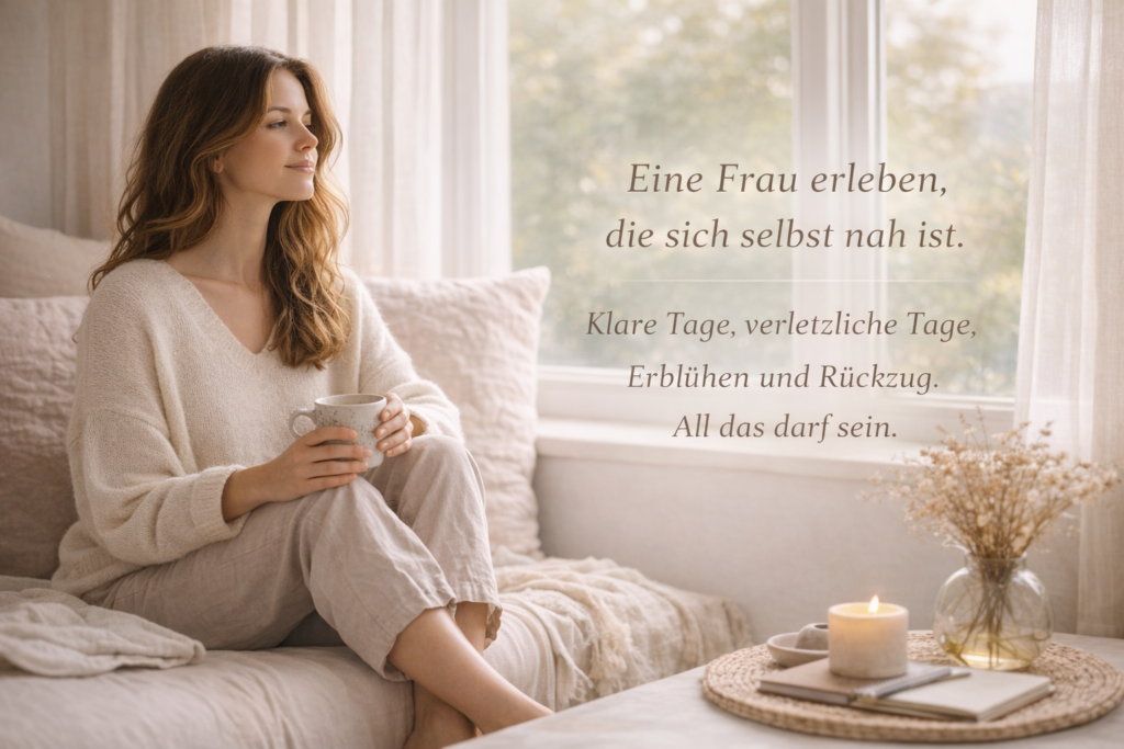 Frau in einem stillen Moment am Fenster, in hellem natürlichem Licht